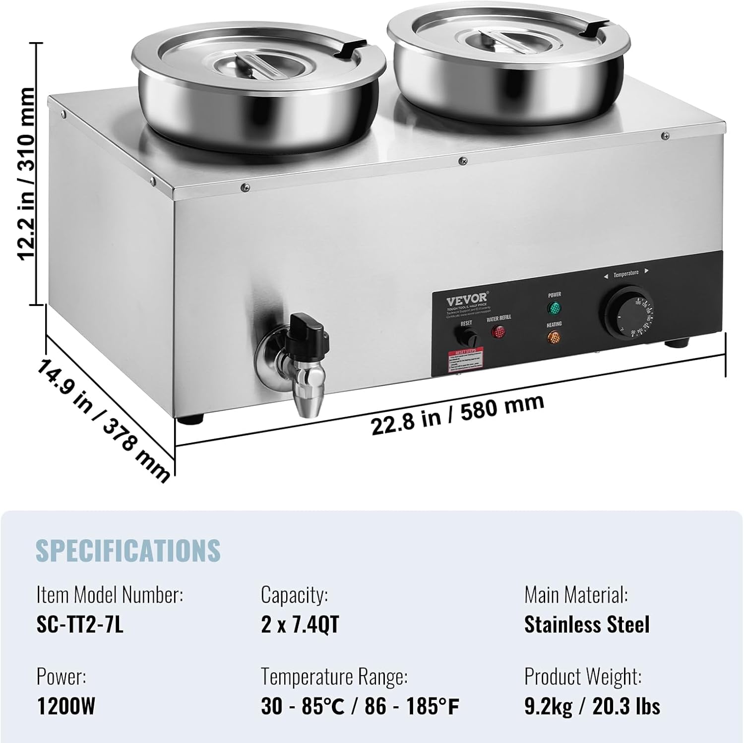 ETL Listed Electric Soup Warmer, Dual 7.4QT Stainless Steel Round Pot 86~185°F Adjustable Temp, 1200W Commercial Bain Marie with Anti-Dry Burn, Soup Station for Restaurant, Buffet, Silver