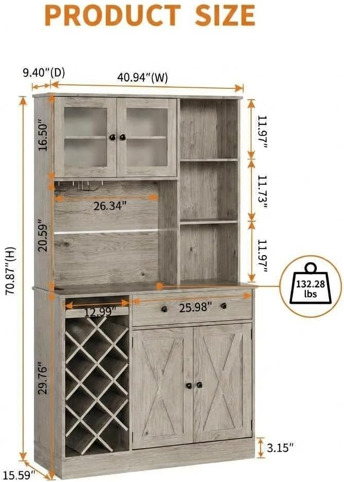 Wine Bar Cabinet with Built-in Power Outlets & Barn Doors - Sideboard Buffet with Wine Bottle Rack & Charging Station for Kitchen, Dining Room, Living Room