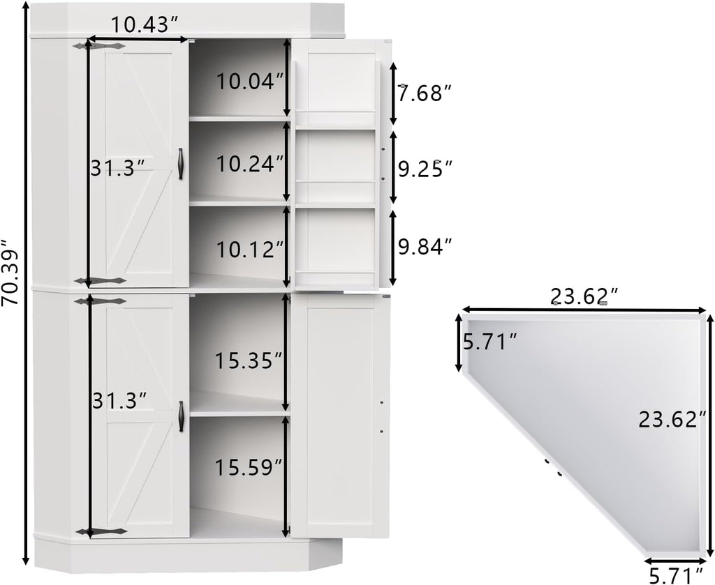 Gyfimoie Corner Cabinet,Kitchen Pantry Storage Cabinet,Freestanding Buffet Hutch with 4 Doors and Shelves,Tall Food Pantry Farmhouse Furniture with Side Rack for Kitchen Dining Room (White)