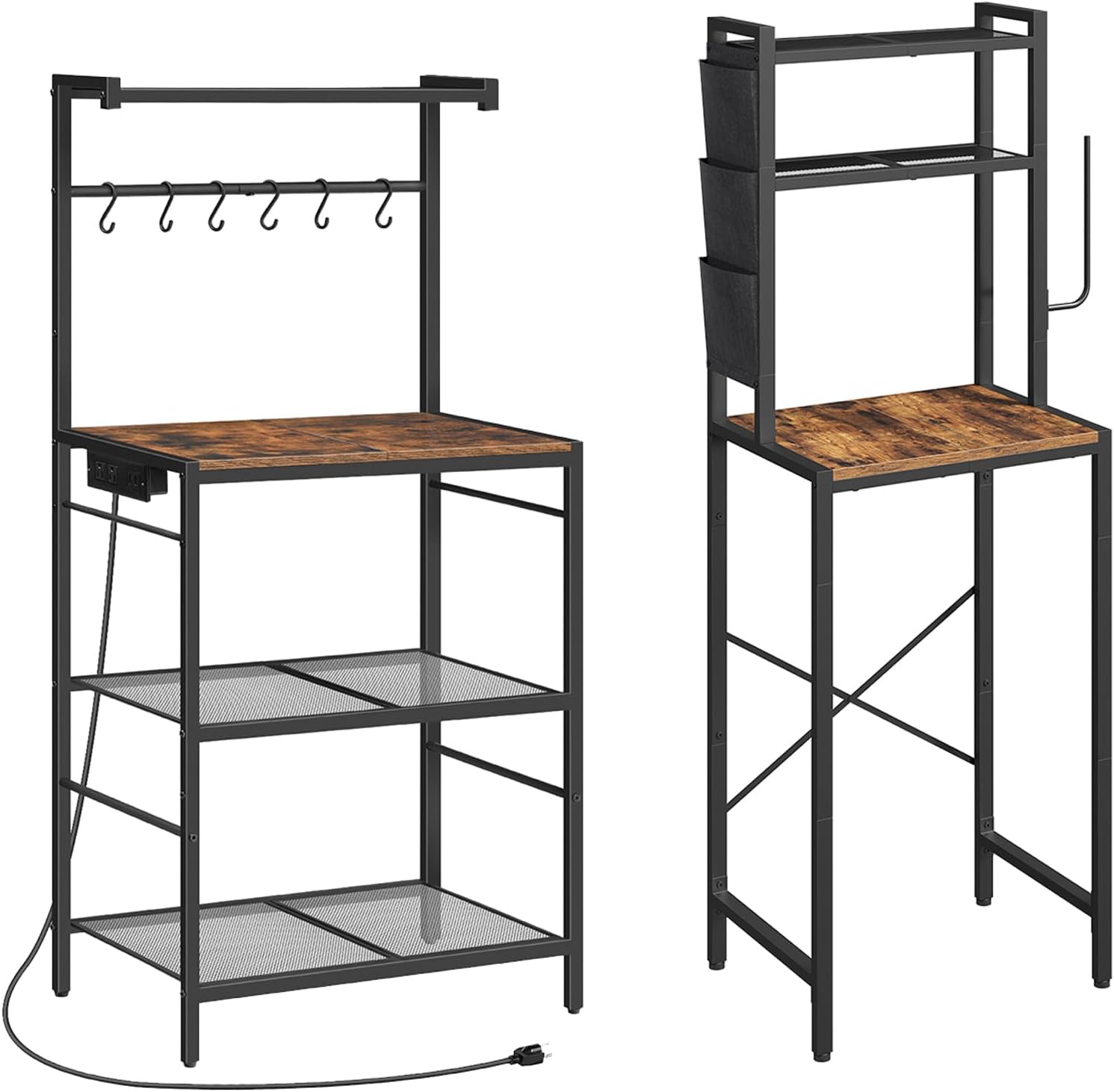 MAHANCRIS Bakers Rack with Power Outlet and Bakers Rack with Mini Fridge Shelf Bundle, 3-Tier Microwave Stand, BRHR35E01-BRHR5401
