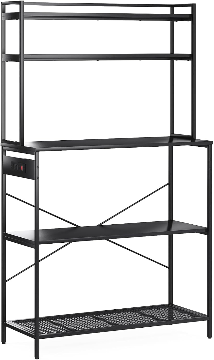 Havemies Coffee Bar Station with Electrical Outlets - Large 5-Tier Bakers Rack Holds Microwave & Coffee Maker, Creates a Dedicated Beverage Center in Any Kitchen (Black)