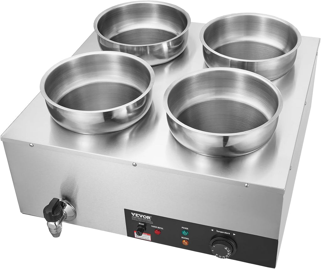 ETL Listed VEVOR Electric Soup Warmer, Four 7.4QT Stainless Steel Round Pot 86~185°F Adjustable Temp, 1500W Commercial Bain Marie with Anti-Dry Burn, Soup Station for Restaurant, Buffet, Silver