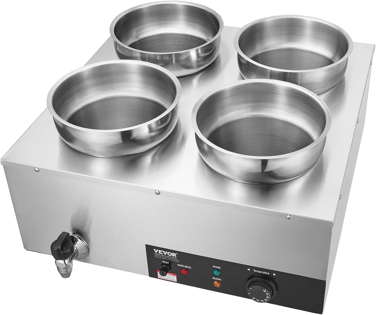ETL Listed VEVOR Electric Soup Warmer, Four 7.4QT Stainless Steel Round Pot 86~185°F Adjustable Temp, 1500W Commercial Bain Marie with Anti-Dry Burn, Soup Station for Restaurant, Buffet, Silver