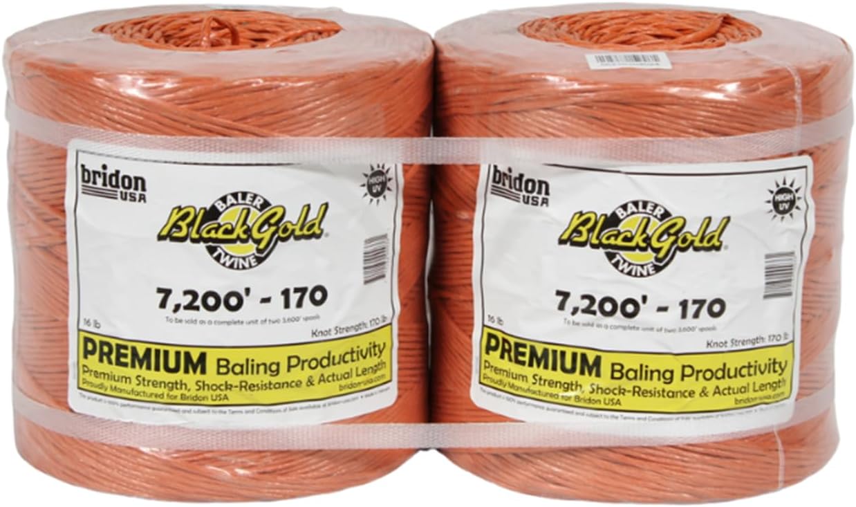 Bridon Black Gold Orange Hay Baling Twine, 170 Pound Knot Strength and 7,200 Foot Length, 2 3,600 Foot Spools, Crop Baling, Christmas Tree wrap (4)