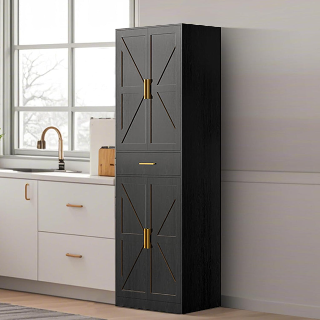 71' Tall Kitchen Pantry Storage Cabinet with 4 Doors & Drawer, Adjustable Shelves, Farmhouse Cupboard, Freestanding Cabinet with Door Shelves for Dining Room/Living Space, Black