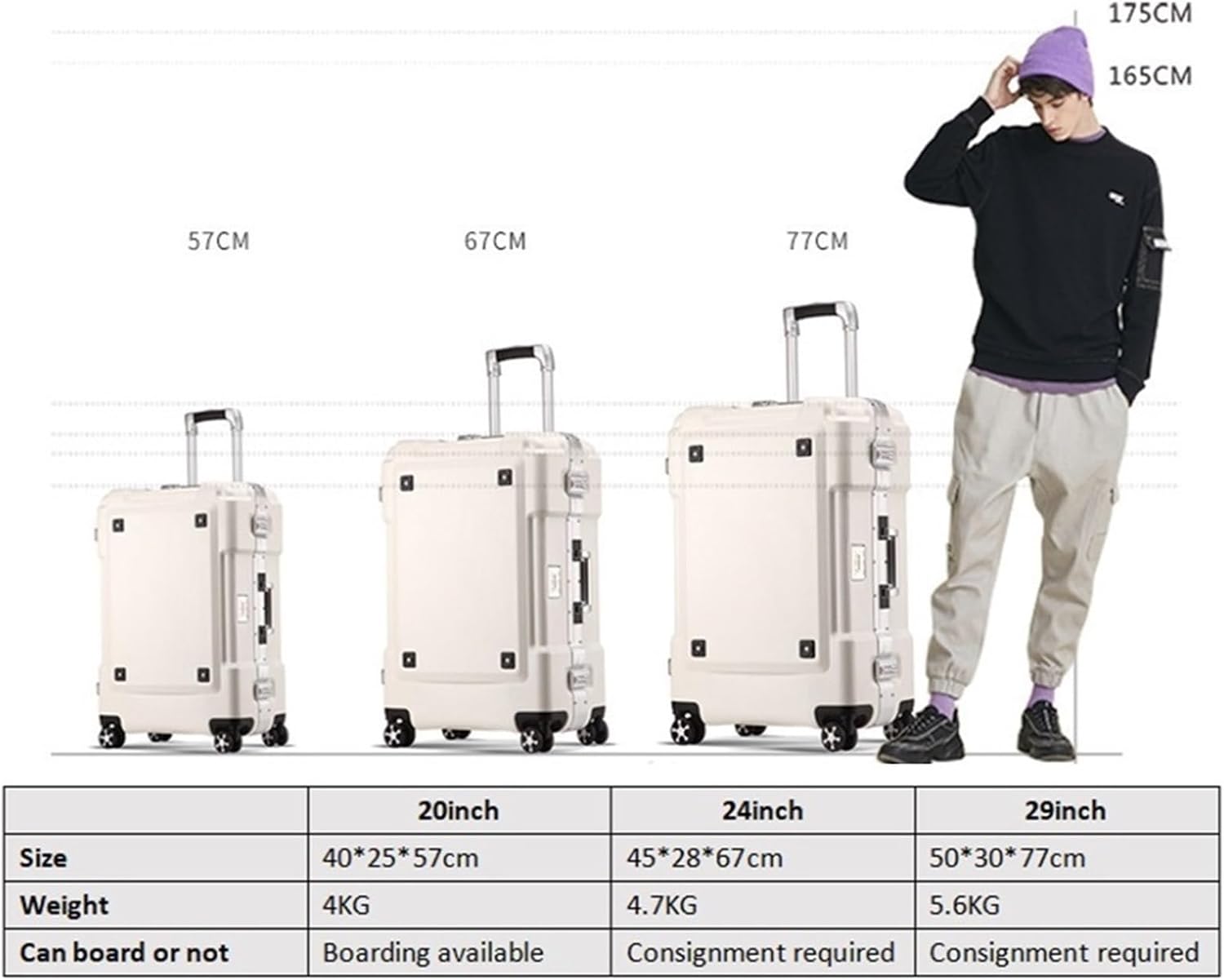 TOWINE Travel Suitcases with Wheels Luggage Aluminum Frame Trolley Case Trolley Case Travel Case Stylish Simple Luggage Boarding Case with Water Cup Holder (Color : White, Size : 24inch)