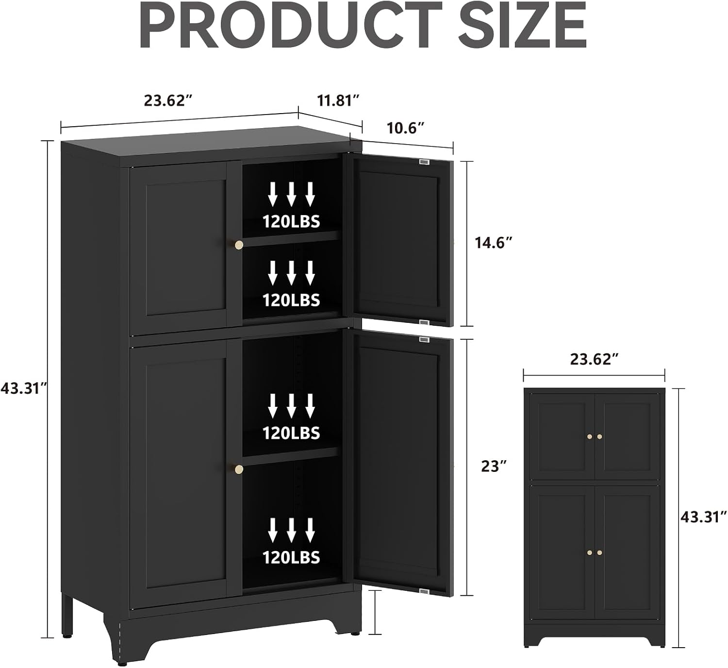 Metal Bathroom Storage Cabinet, Freestanding Pantry Floor Cabinet with 4 Doors and 2 Adjustable Shelves for Living Room, Dining Room, Kitchen