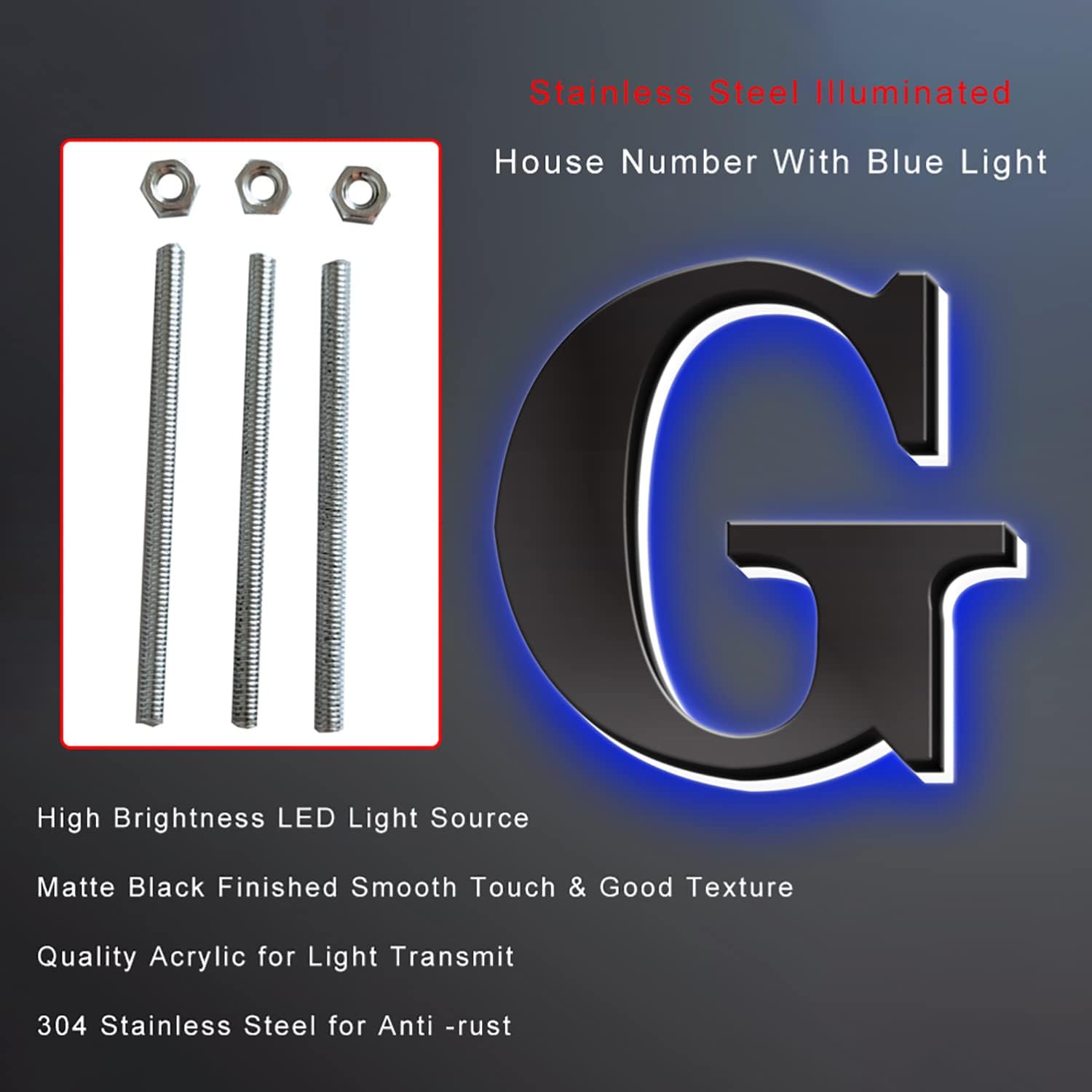 House numbers light up, Stainless Steel Lighted House Numbers For Outside, Up-Scale Modern Black Look, Illuminated House Numbers, Blue Light.