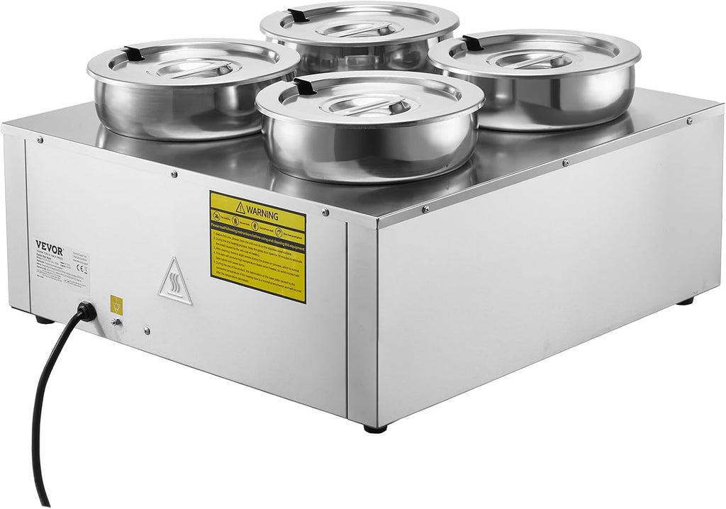 ETL Listed VEVOR Electric Soup Warmer, Four 7.4QT Stainless Steel Round Pot 86~185°F Adjustable Temp, 1500W Commercial Bain Marie with Anti-Dry Burn, Soup Station for Restaurant, Buffet, Silver