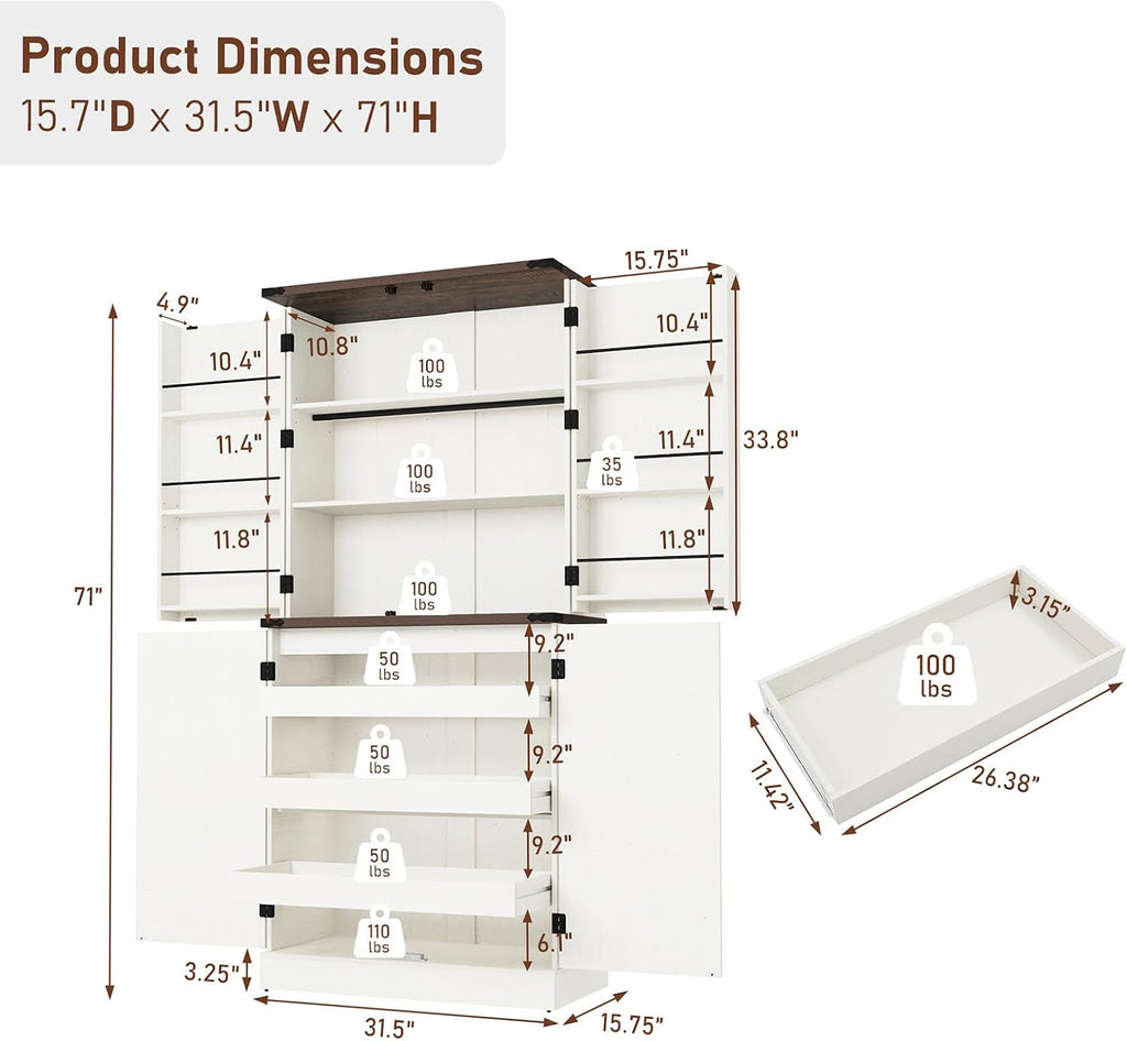 Farmhouse Kitchen Pantry Cabinet with 3 Drawers,71' Tall Rustic Wood Storage Cabinet with 6 Door Shelves,with Load-Bearing Steel Pipe,Pantry Organizers for Kitchen,Dining Room(Rustic Off White)
