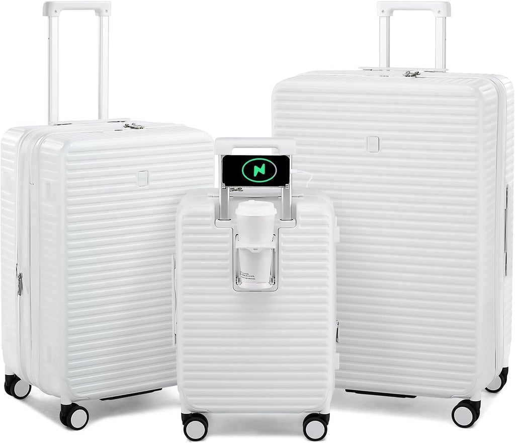 HanTrip Hard Shell Suitcases Expandable Travel Luggage Sets 3 Piece, Carry on and Check in 3 Piece Luggage Suitcase Sets with Spinner Wheels Cup Holder Charger Built in (White, 20/24/28)