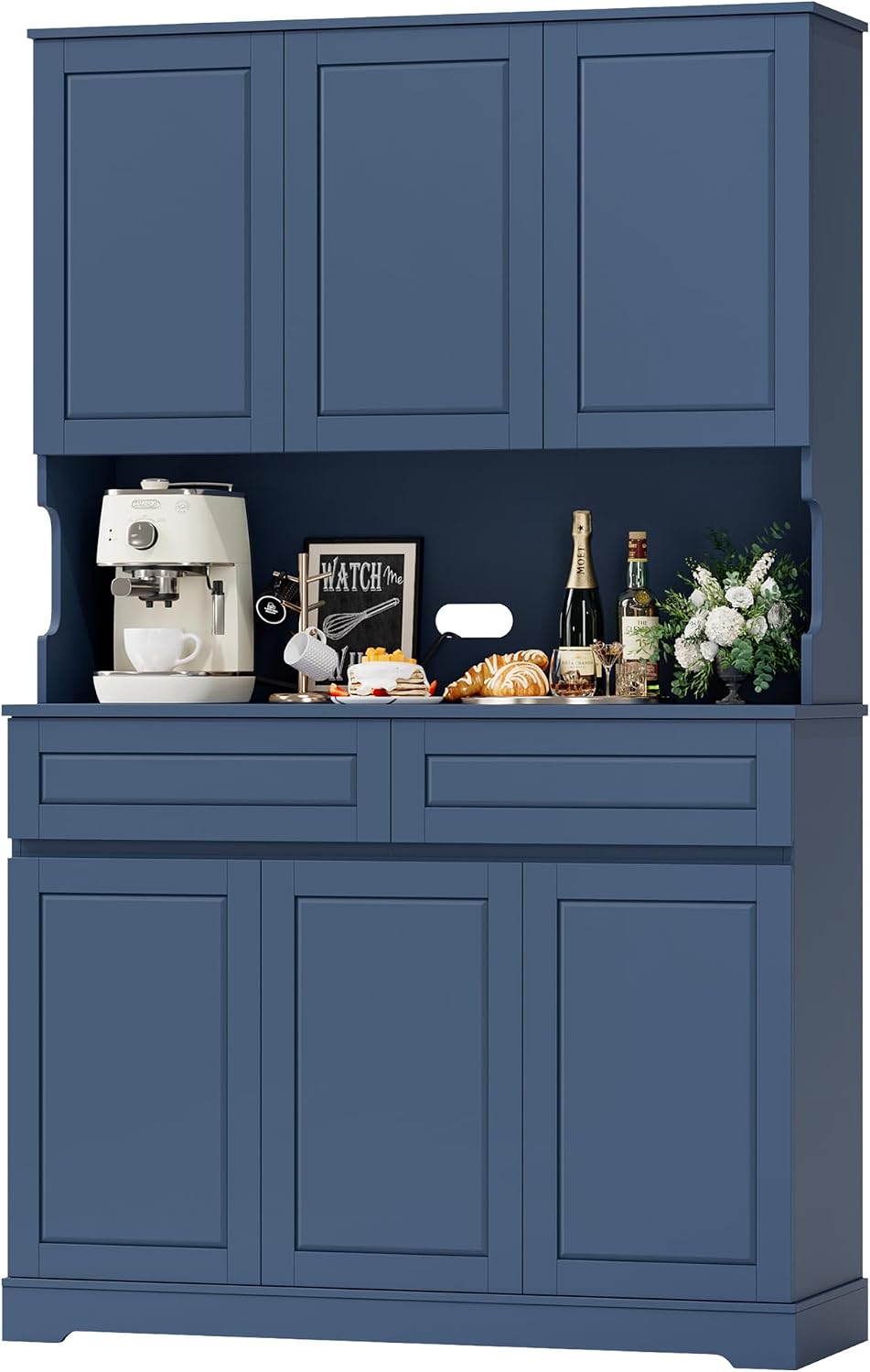FACBOTALL 74' Pantry Cabinet, Tall Kitchen Pantry Cabinet with 6 Doors and 2 Drawers, Kitchen Hutch with Wide Countertop, Modern Kitchens Cupboard with Adjustable Shelves and Charge Holes, Blue