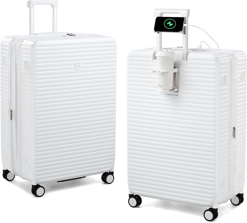 HanTrip 28 Inch Luggage Hard Shell Suitcases, Expandable Travel Checked Luggage 28 Inch, Large Check In Luggage with Spinner Wheels Cup Holder Charger Built in Lightweight Suitcase, White