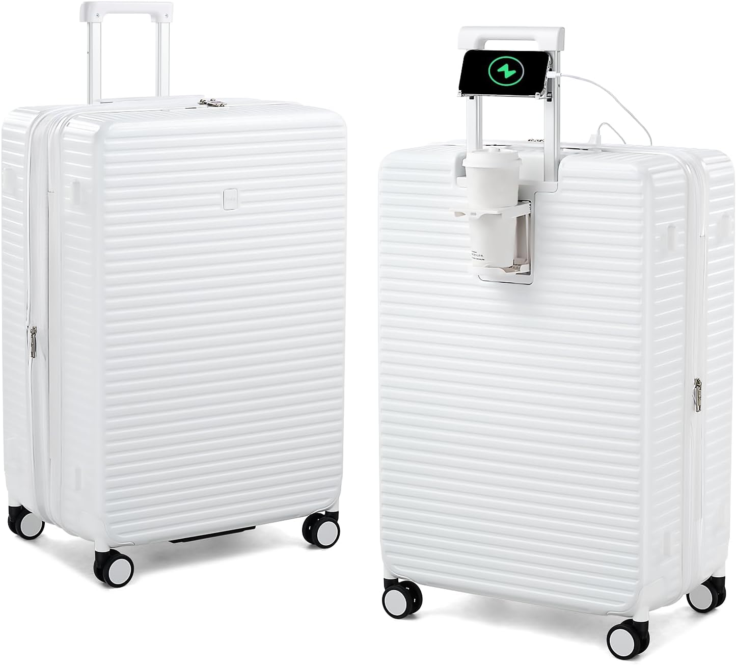 HanTrip 28 Inch Luggage Hard Shell Suitcases, Expandable Travel Checked Luggage 28 Inch, Large Check In Luggage with Spinner Wheels Cup Holder Charger Built in Lightweight Suitcase, White