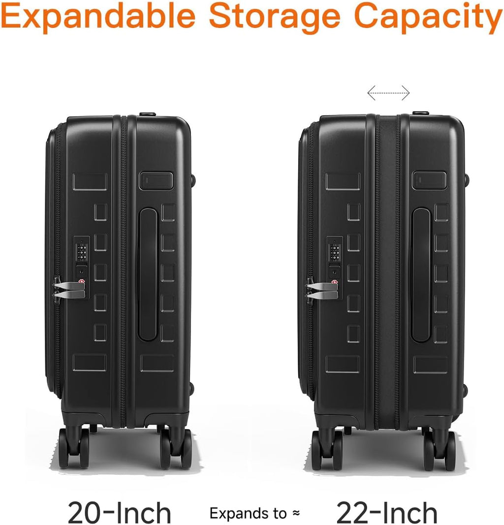 Expandable Lightweight PC Hard Shell Suitcase, 20-inch Carry On Luggage with TSA Lock, 360 Silent Spinner Wheels, Top Opening & Cup Holder - Ideal for Business Travel Suitcase (Black)