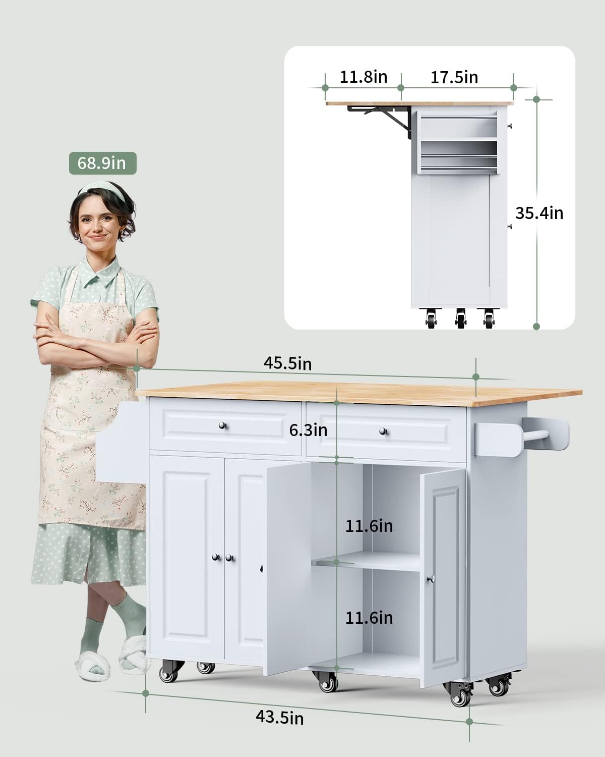QSun Kitchen Island on Wheels Kitchen Cart with Rubber Wood Top, Mobile Kitchen Island with Double Storage Cabinet and Drawers, Island Table for Kitchen (White)