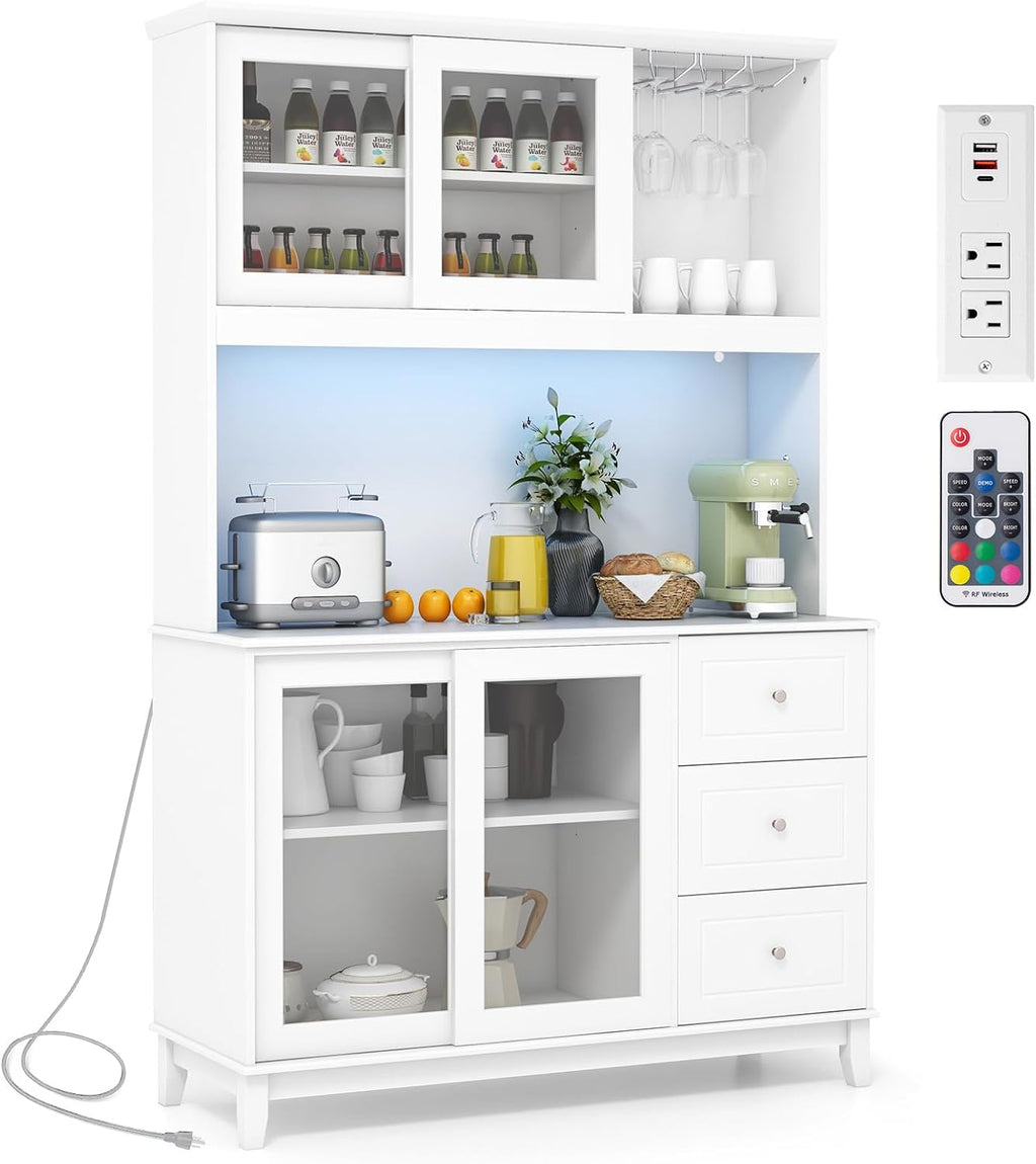 Giantex 73' Kitchen Pantry Storage Cabinet, Buffet Hutch Cabinet with LED Lights & Power Outlet, Kitchen Sideboard w/Wine Glass Racks, Countertop, Adjustable Shelves, Drawers for Dining Room (White)