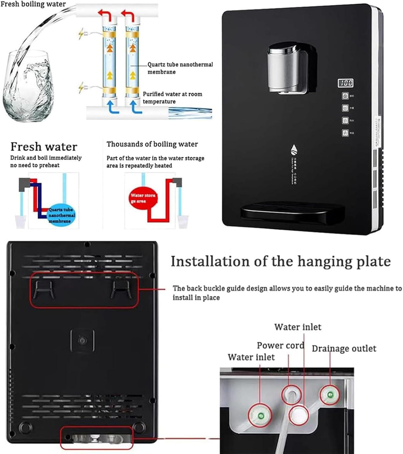 Wall-Mounted Mains Fed Unit Water Dispenser, Dual Temperature Control Intelligent Drinking Water Dispenser, Three Seconds Quick Heat, Hot Water 30L/h, Temperature Adjustment, for House Hold/Office