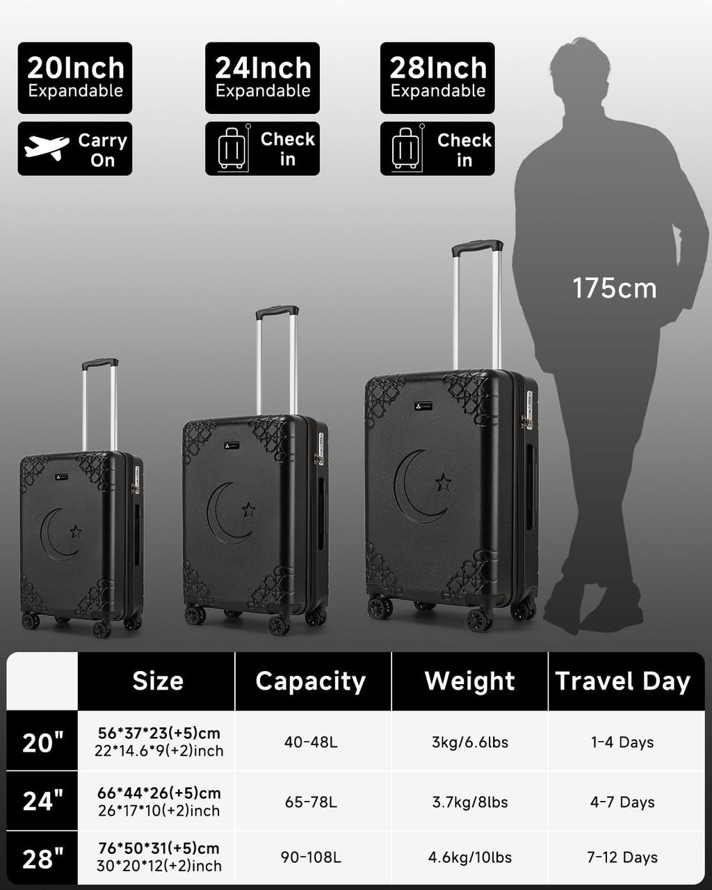 Somago 3 Piece Luggage Set with Cup Holder, Expandable 25% Capacity Suitcase with Shock-Absorbing Braking Spinner Wheels Moon Star Design Hardside Suitcase with TSA Lock (Black,Expandable Sets)