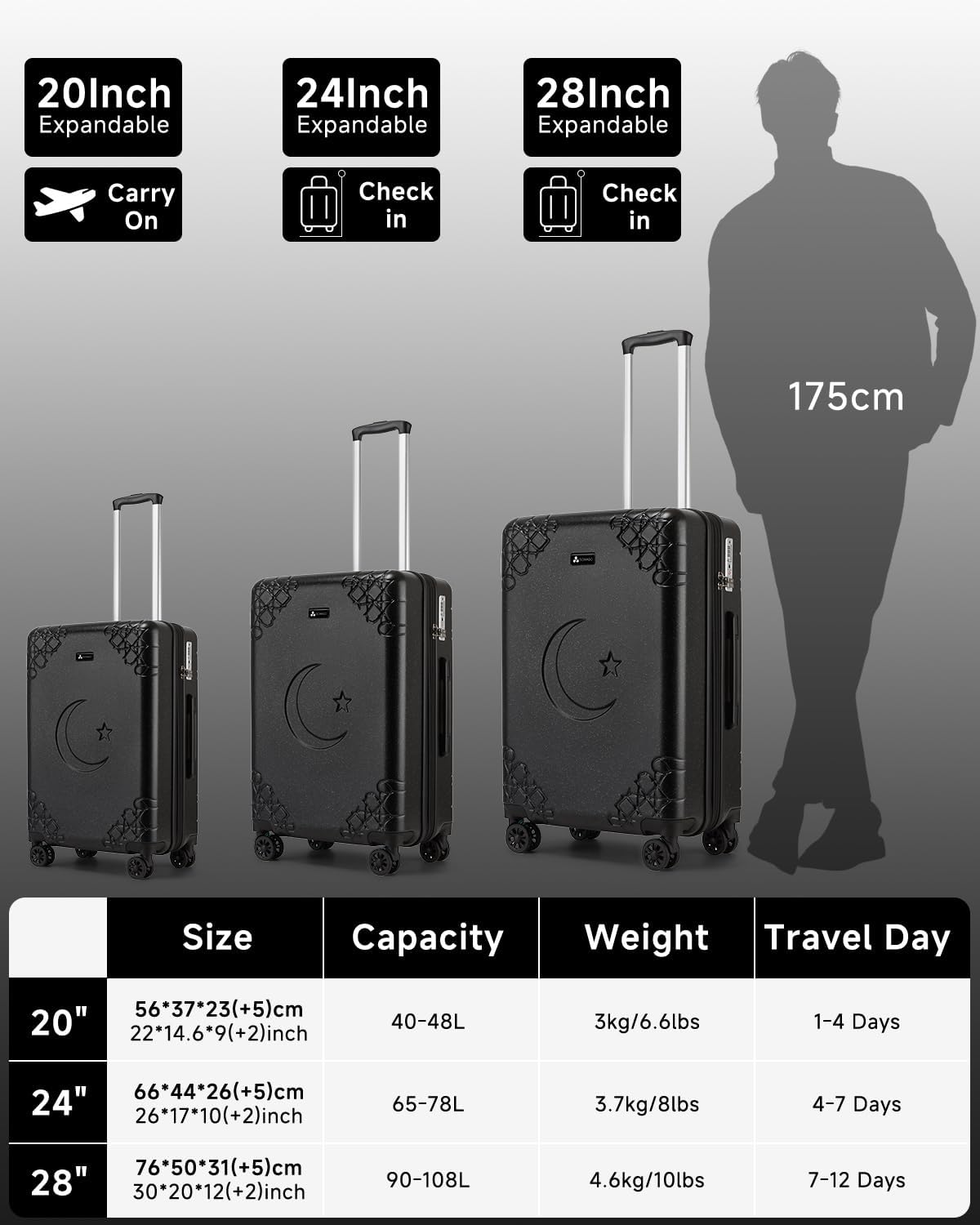 Somago 3 Piece Luggage Set with Cup Holder, Expandable 25% Capacity Suitcase with Shock-Absorbing Braking Spinner Wheels Moon Star Design Hardside Suitcase with TSA Lock (Black,Expandable Sets)