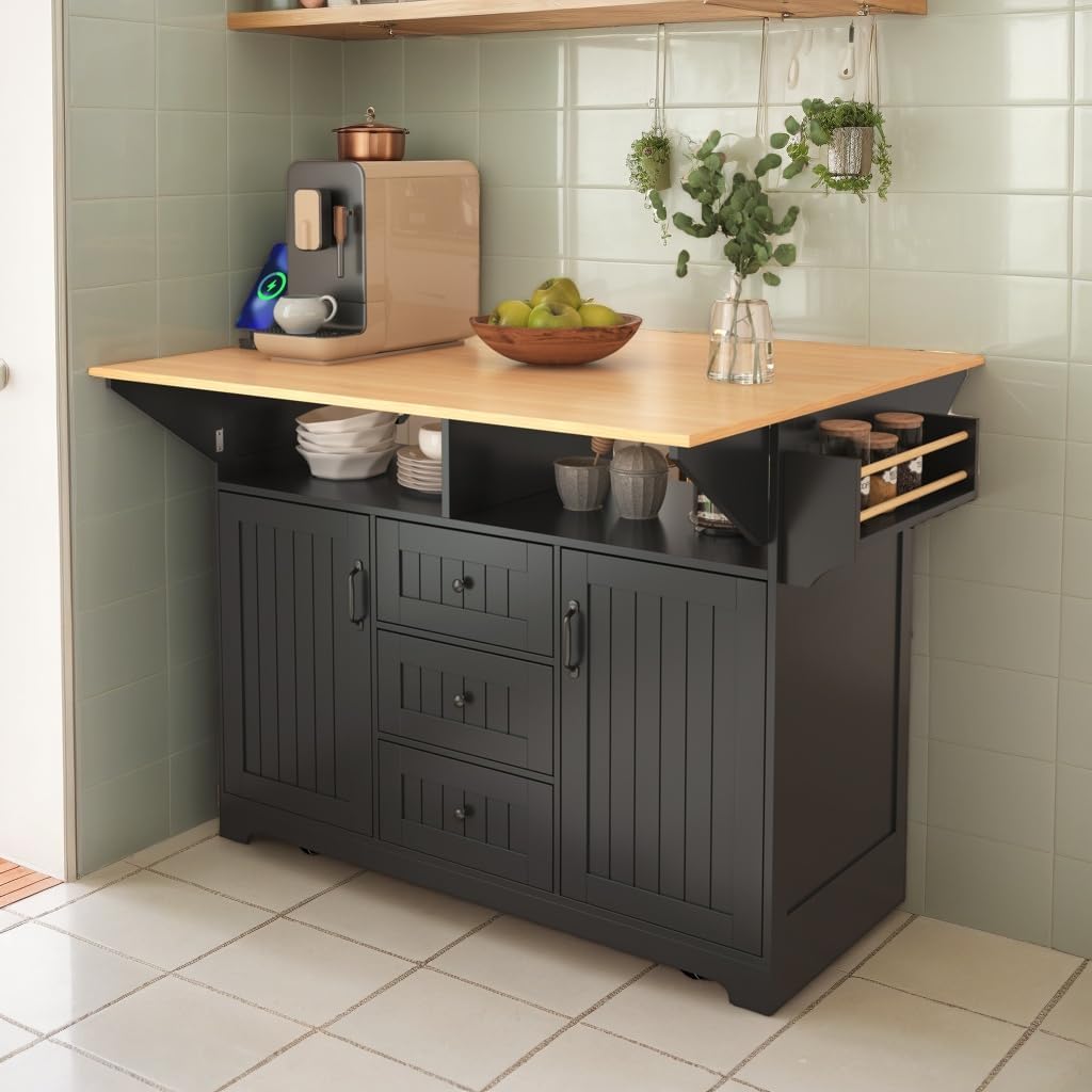 Kitchen Island with 2 Drop Leaf, Home Cart Island on Wheels Foldable Dining Table with Power Outlets,3 Drawers,Storage Cabinet, Tower Rack(Black)
