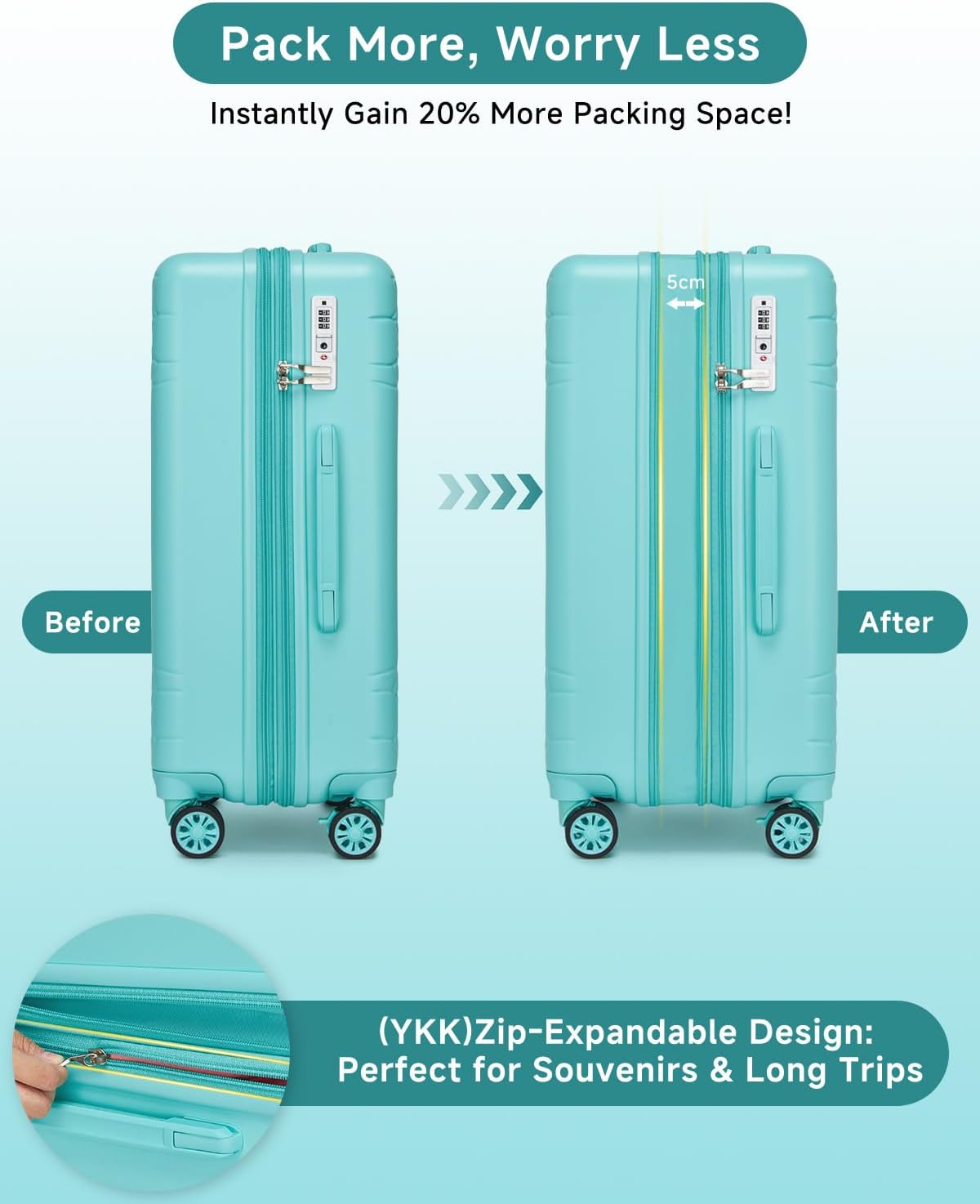 Somago Expandable 2-Piece Luggage Sets 20'/24' Suitcases with Shock-Absorbing Braking Spinner Wheels Moon Star Design Hard Shell Suitcase with Cupholder TSA Lock (Robin Egg Blue,Expandable 20/24 Inch)