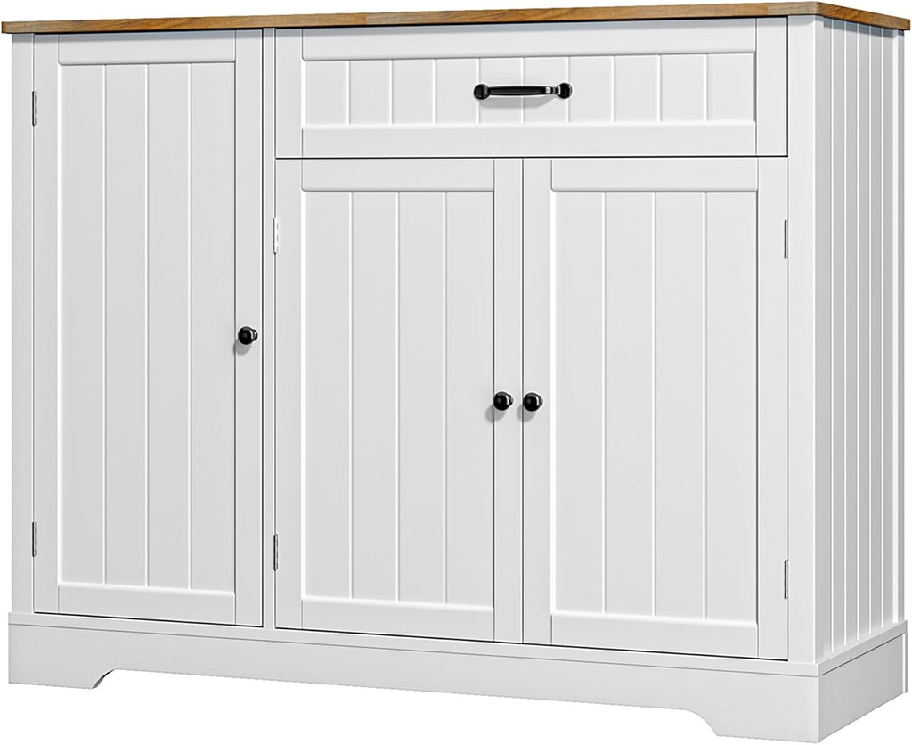 Gizoon Kitchen Coffee Bar Cabinet with Storage Kitchen Sideboard Buffet Cabinet with Drawers, Short Pantry with Door and Shelves for Bathroom and Living Room, White and Rustic