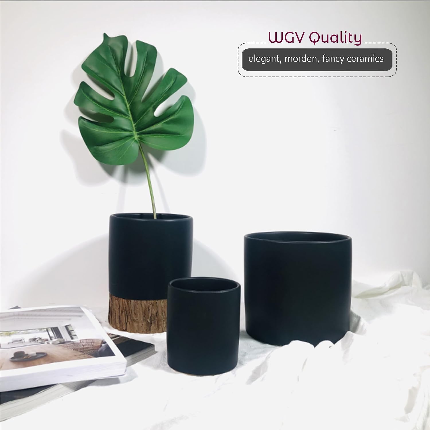 WGVI Matte Black Ceramic Cylinder Vase Width 5.5' Height 5', Flower Arrangements, Candle Holder, Terrarium Planter Pot, Storage Container Organizer, Pen Brush Holder, Tabletop Decor, Bulk, 12 Pcs