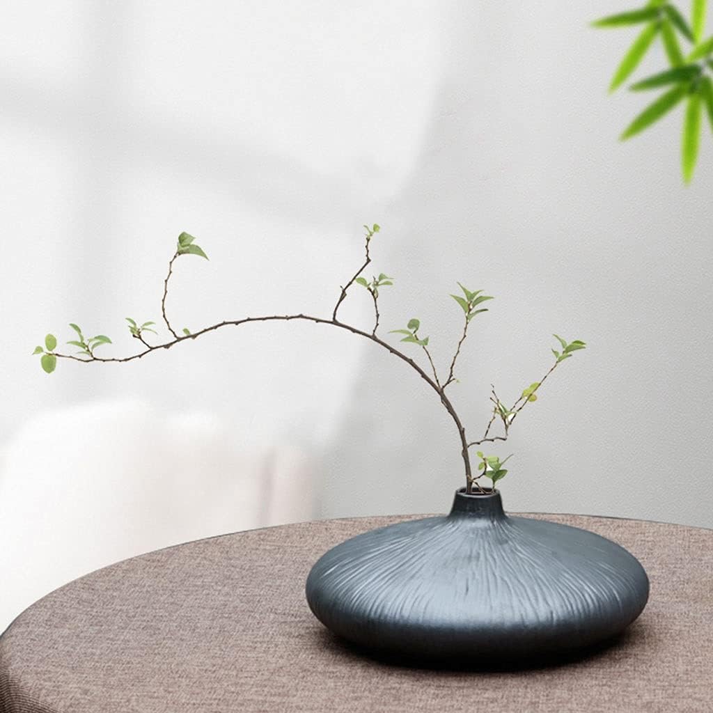 Flower Vase, Chinese Vase, Creative Flat Round Dark Black Small with Ceramic Vase, Modern Minimalist Style, Tea Room, Living Room, Wine Cabinet, Decorative Vases for Home