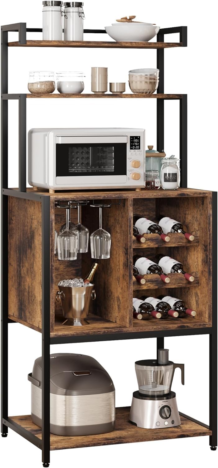 Bakers Rack with Power Outlets, 5-Tier Microwave Oven Stand with Drawer and Sliding Shelves, Freestanding Coffee Bar, Kitchen Storage Shelf with 2 Drawer,Brown