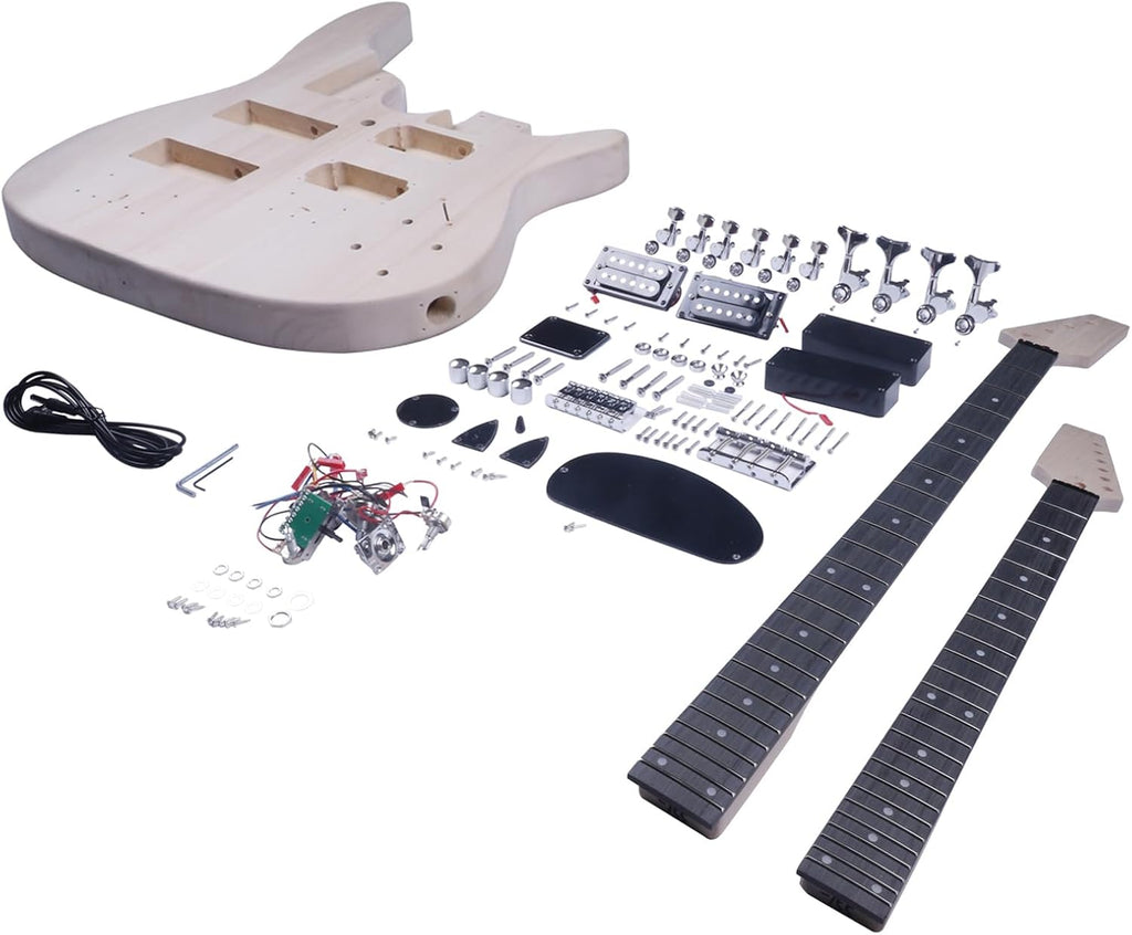 Double Neck DIY Electric Guitar and Bass Kit 6 String and 4 String Guitar Kit with Basswood Body Hard Maple Neck Engineered Fretboard Chrome Hardware Build Your Own Bass and Guitar.