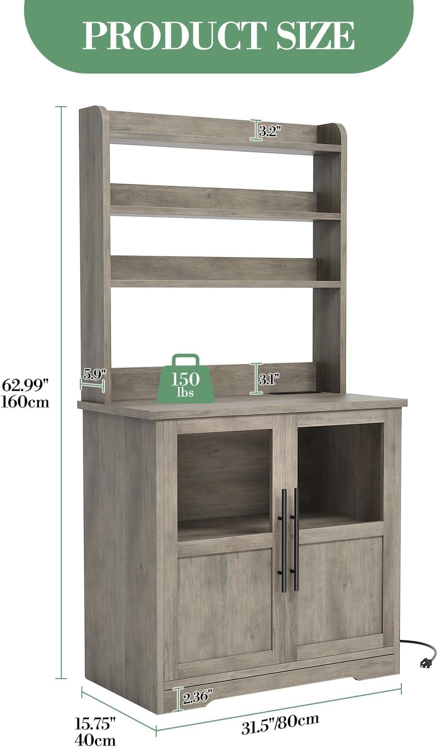 Microwave Stand & Coffee Bar Cabinet | 6-Tier Kitchen Bakers Rack with Storage, Power Outlet, and Glass Doors | Freestanding Tall Wooden Hutch for Dining Room Organization