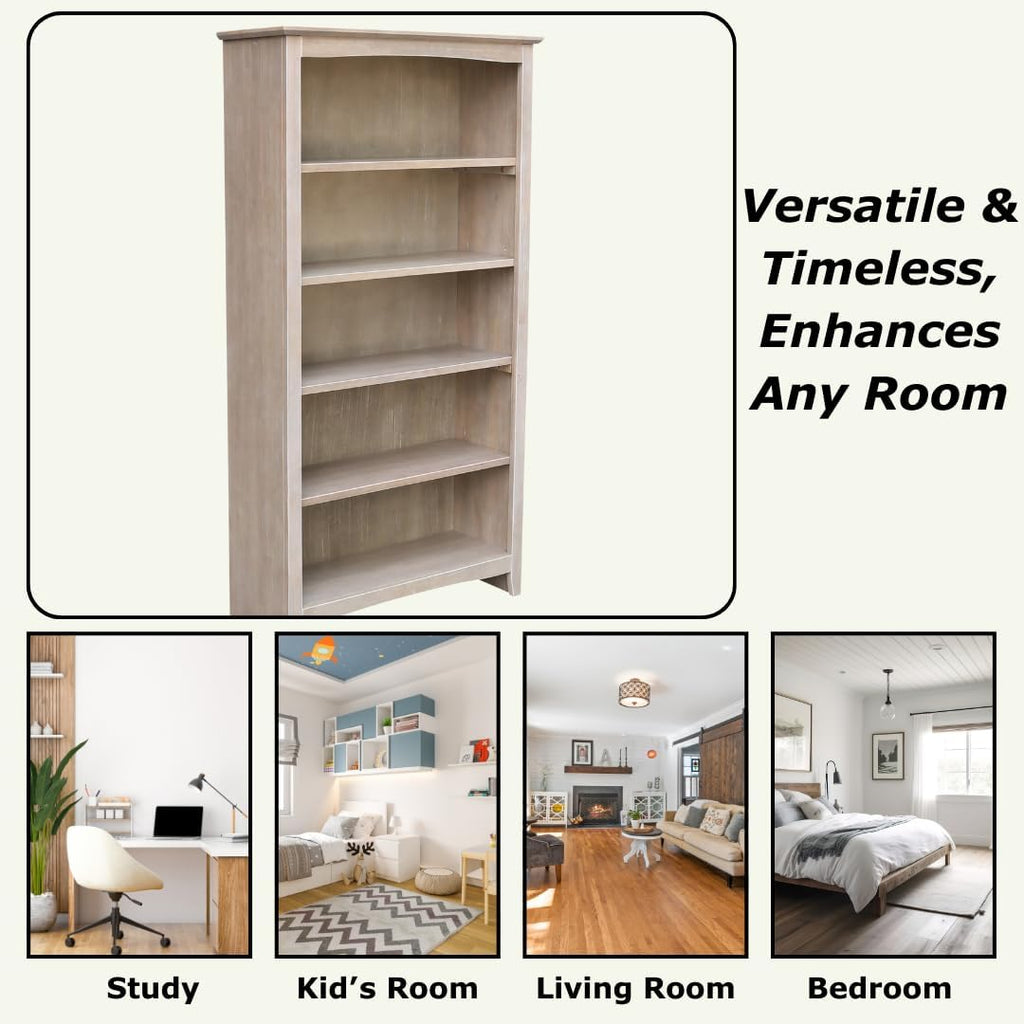 Shaker Solid Wood Bookcase, 60' High, Washed Gray Taupe