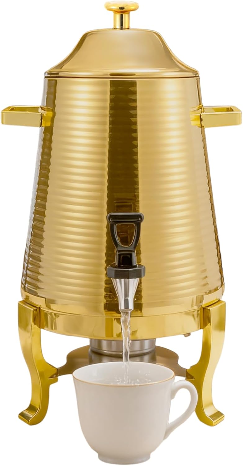 13L Stainless Steel Beverage Dispenser with Stand, Dual Heating Hot Drink Dispenser with Temperature Control, Electric & Alcohol Heating Juice Container for Hot or Cold Drinks, or Catering Use,Gold