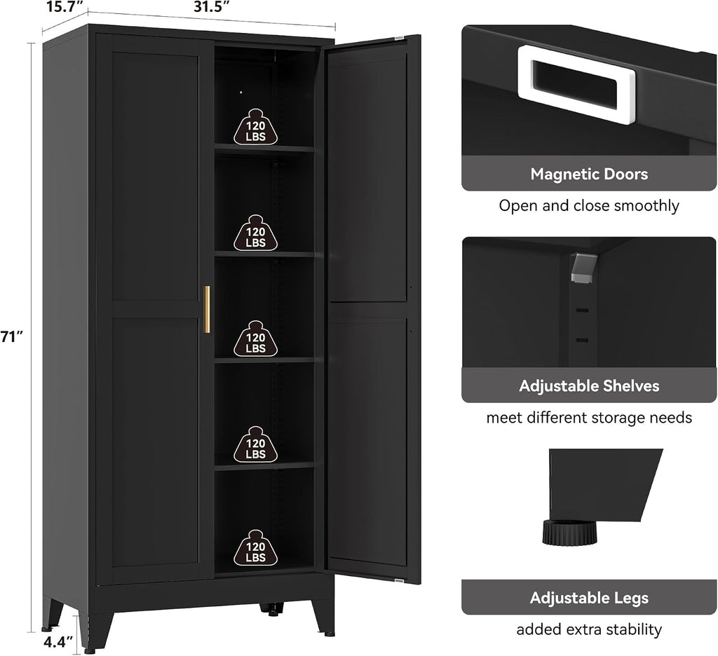 YAUWOH 71''Metal Cabinet with 4 Adjustable Shelves,5-Tier Pantry Storage Cabinet,Kitchen Pantry Cabinet for Living Room,Dining Room, (1PC,Black)