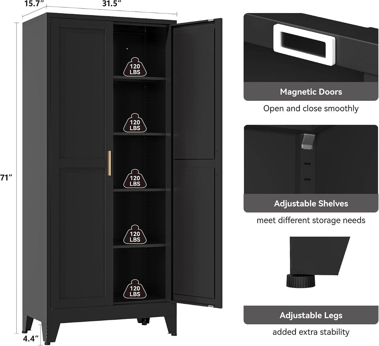 YAUWOH 71''Metal Cabinet with 4 Adjustable Shelves,5-Tier Pantry Storage Cabinet,Kitchen Pantry Cabinet for Living Room,Dining Room, (1PC,Black)