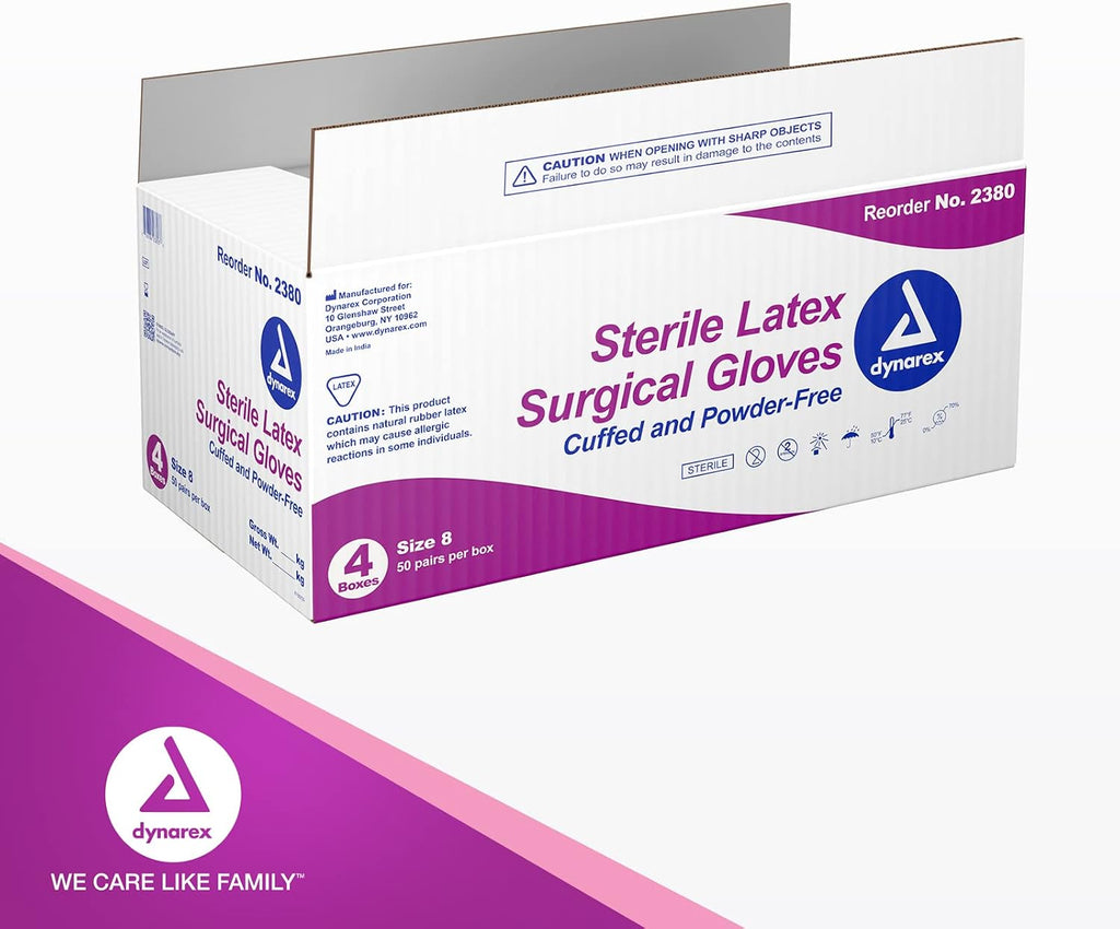 Dynarex Sterile Disposable Latex Surgical Gloves, Powder-Free, Sterilely Packaged in Pairs, Professional Medical Use, Bisque, Size 8.0, 1 Case of 200 Pairs (Packaging May Vary)
