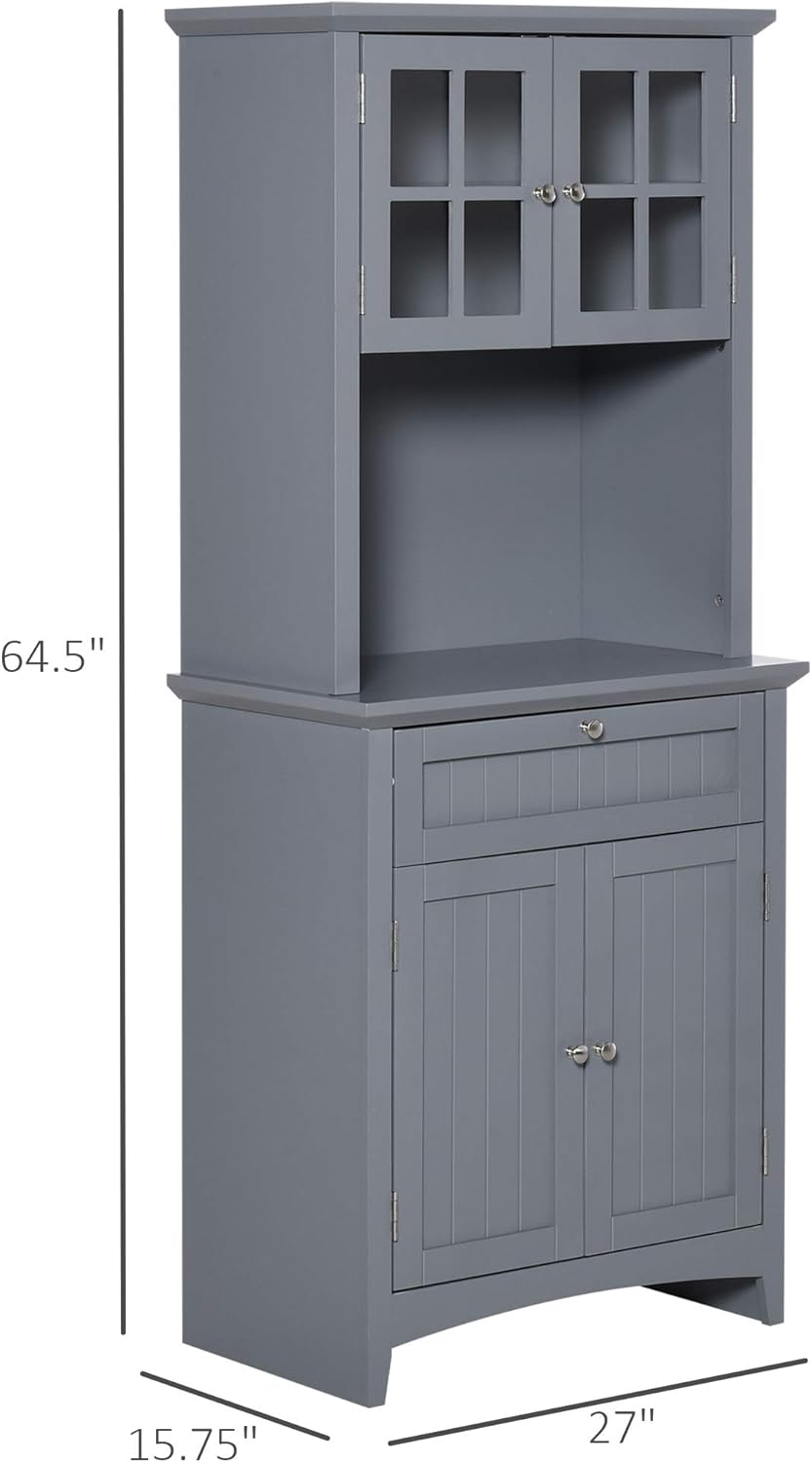 HOMCOM Elegant Buffet with Hutch, Kitchen Pantry Storage Cabinet with Framed Glass Door Drawer and Microwave Space for Dining Room, Living Room, Gray