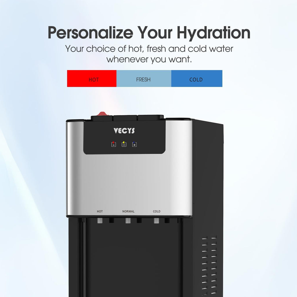 VECYS Self-Cleaning Bottom Loading Water Dispenser with Pitcher, 3-5 Gallon Water Cooler, 304 Stainless Steel Reservoirs & Intake Tube, Hot Cold Room Temperature, Child Safety Lock, UL/ETL Certified