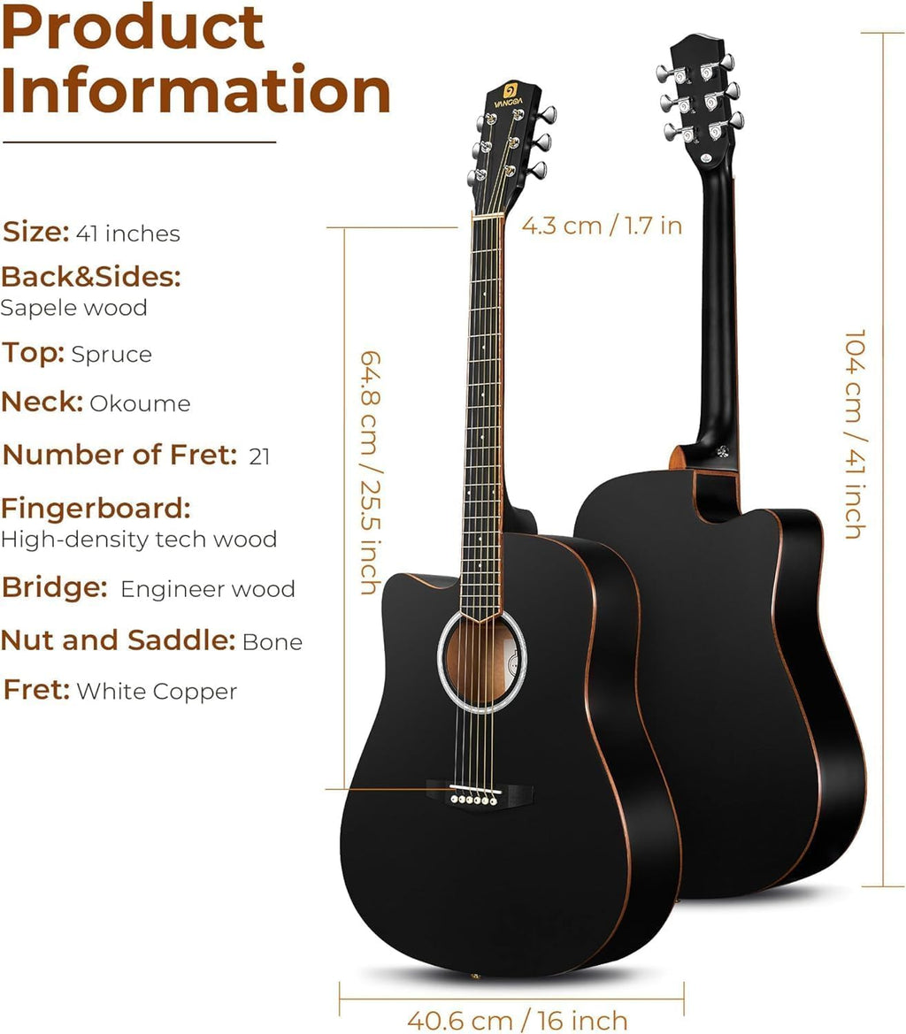 Vangoa Left Handed Guitar, Full Size Cutaway Left Handed Acoustic Guitar Kit for Adult Beginner 41 Inch Lefty Acustica Guitarra Set, Black