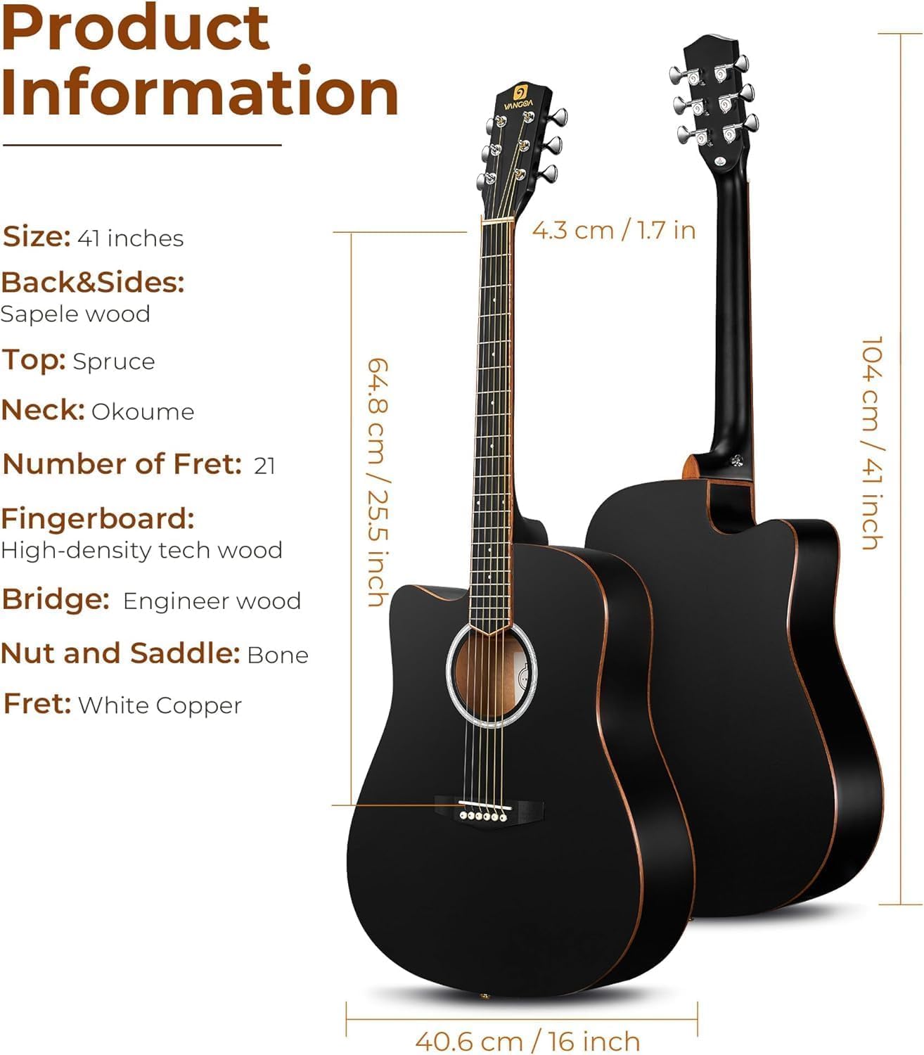 Vangoa Left Handed Guitar, Full Size Cutaway Left Handed Acoustic Guitar Kit for Adult Beginner 41 Inch Lefty Acustica Guitarra Set, Black