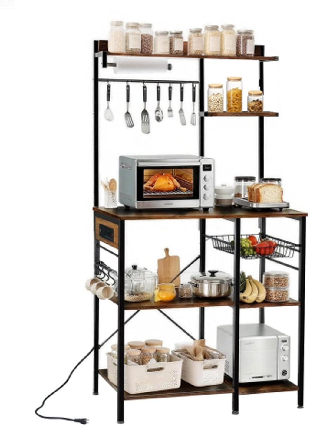 Kitchen Bakers Rack with Power Outlet Microwave Stand Freestanding Coffee Bar with Wire Basket Metal Bakers Rack for Spices Pots