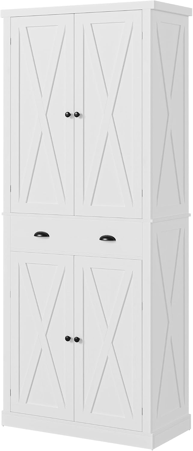 IRONCK Kitchen Pantry Storage Cabinet 83.9' H, with Barn Doors, Drawer, 4 Adjustable Shelves, Freestanding Cupboard for Dining Room Living Room, Laundry, White