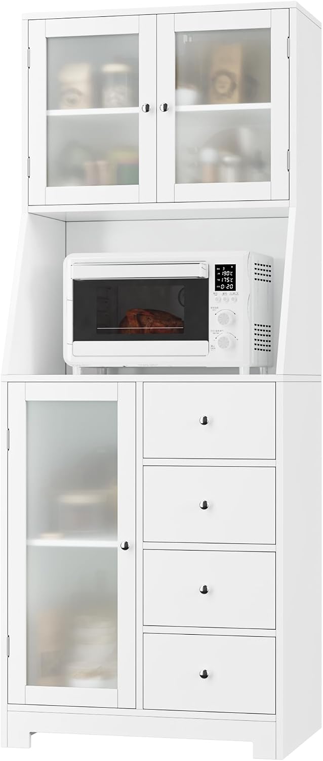 BOTLOG 64'' Kitchen Pantry Storage Cabinet, Tall Kitchen Storage Cabinet with Microwave Stand, Hutch Cabinet with Adjustable Shelves, for Dining Room (White)