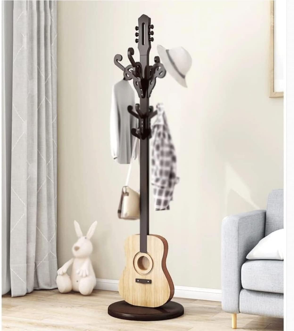 IRYZE Coat Shelf Coat Rack Stand Standing Coat Rack with 12 Hooks and Round Base Guitar Shape Coat Stand Easy Install Coat Tree Coat Holder Coat Hat Rack
