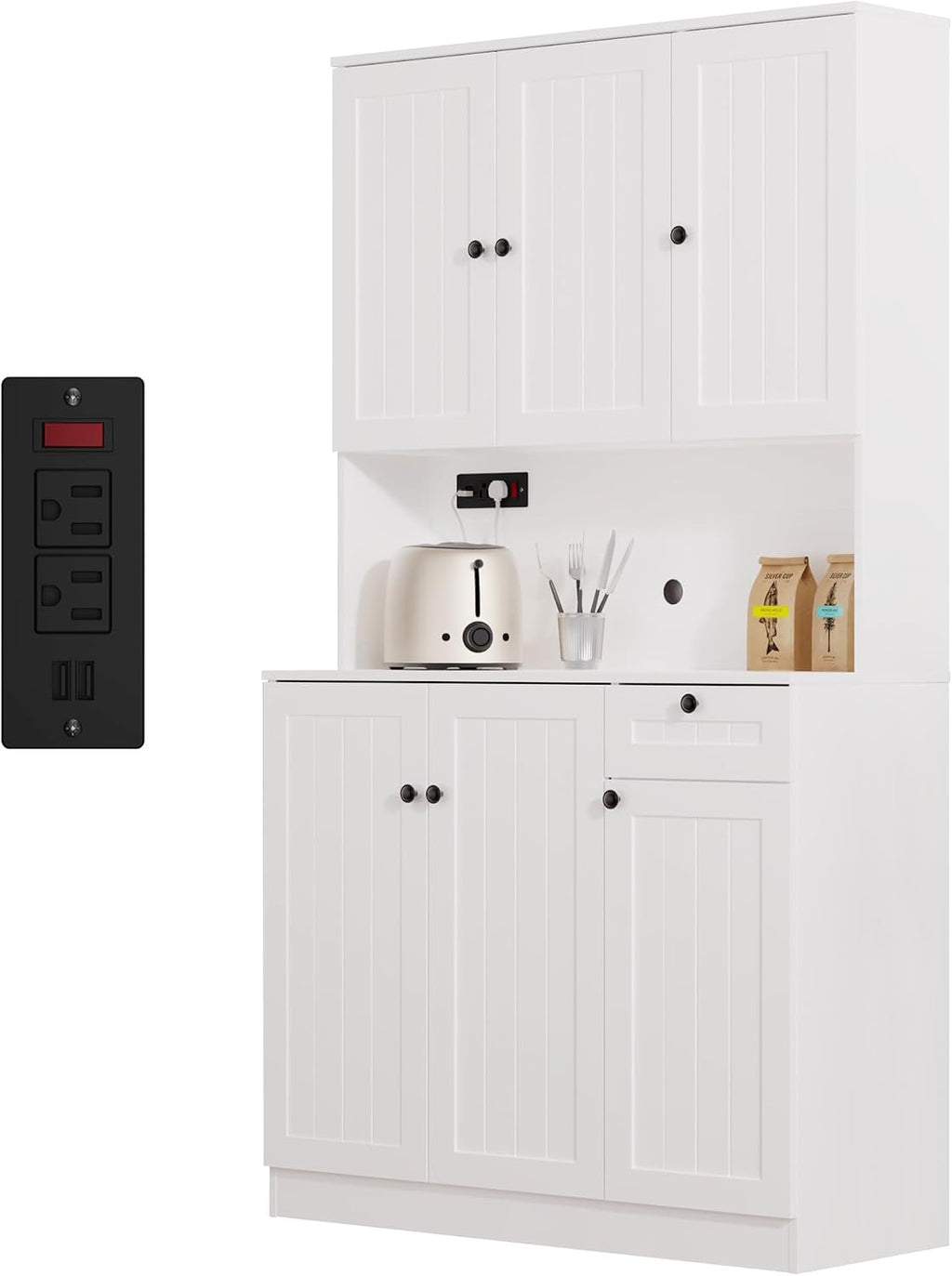 Furnify 71' H Pantry Cabinet with Charging Station, Tall Kitchen Pantry Storage Cabinet with Microwave Stand, Farmhouse Kitchen Hutch with Storage Drawer for Living Room, Dining Room, White