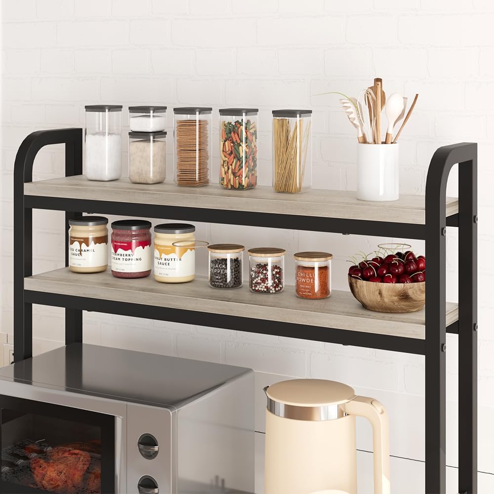 GAOMON Bakers Rack with Power Outlet, Kitchen Baker Rack with Wire Basket, Microwave Stand with Large Open Storage Shelves, 6-Tier Freestanding Utility Storage Shelf, Retro Gray