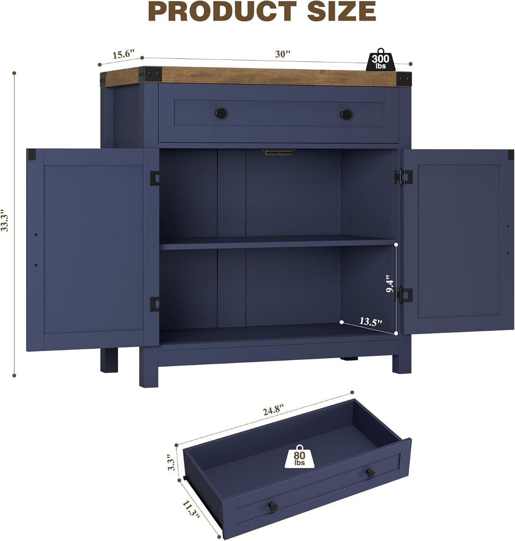 HOSTACK Coffee Bar Cabinet, Kitchen Storage Cabinet, Modern Farmhouse Buffet Sideboard with Drawer & Adjustable Shelf, Barn Door Accent Cabinets for Kitchen, Dining Room, Entryway, Blue/Rustic Brown