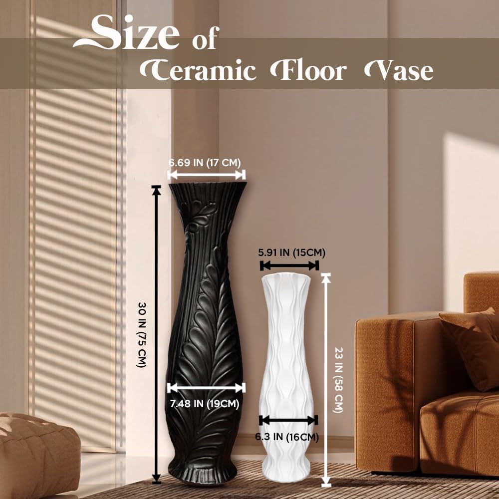Tall Black Floor Vase 30 inches, Handmade Large Ceramic Vases for Home Decor Living Room, Feather Pattern Decorative Vases Wide Mouth Opening Corner Vase for Pampas Grass