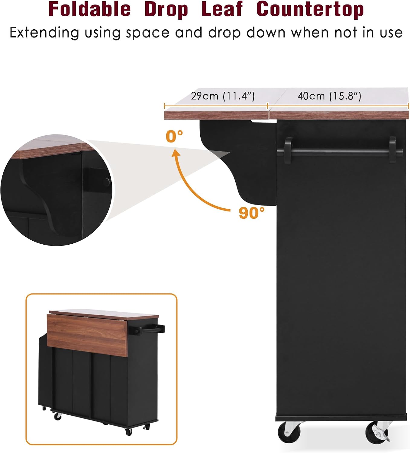 47.2' Farmhouse Kitchen Island with Drop Leaf and Removable Side Racks, Two Drawers, Rolling Kitchen Cart on Wheels with Towel Rack, for Home, Dining Room (Black/V1)